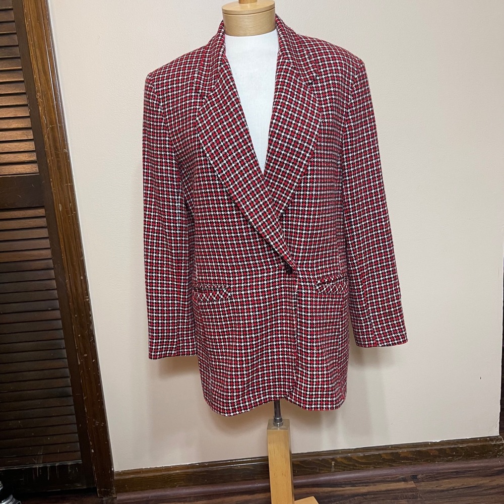 Jacqueline Ferrar Women's Red Black White Plaid Blazer Jacket Size 8 Wool Blend
